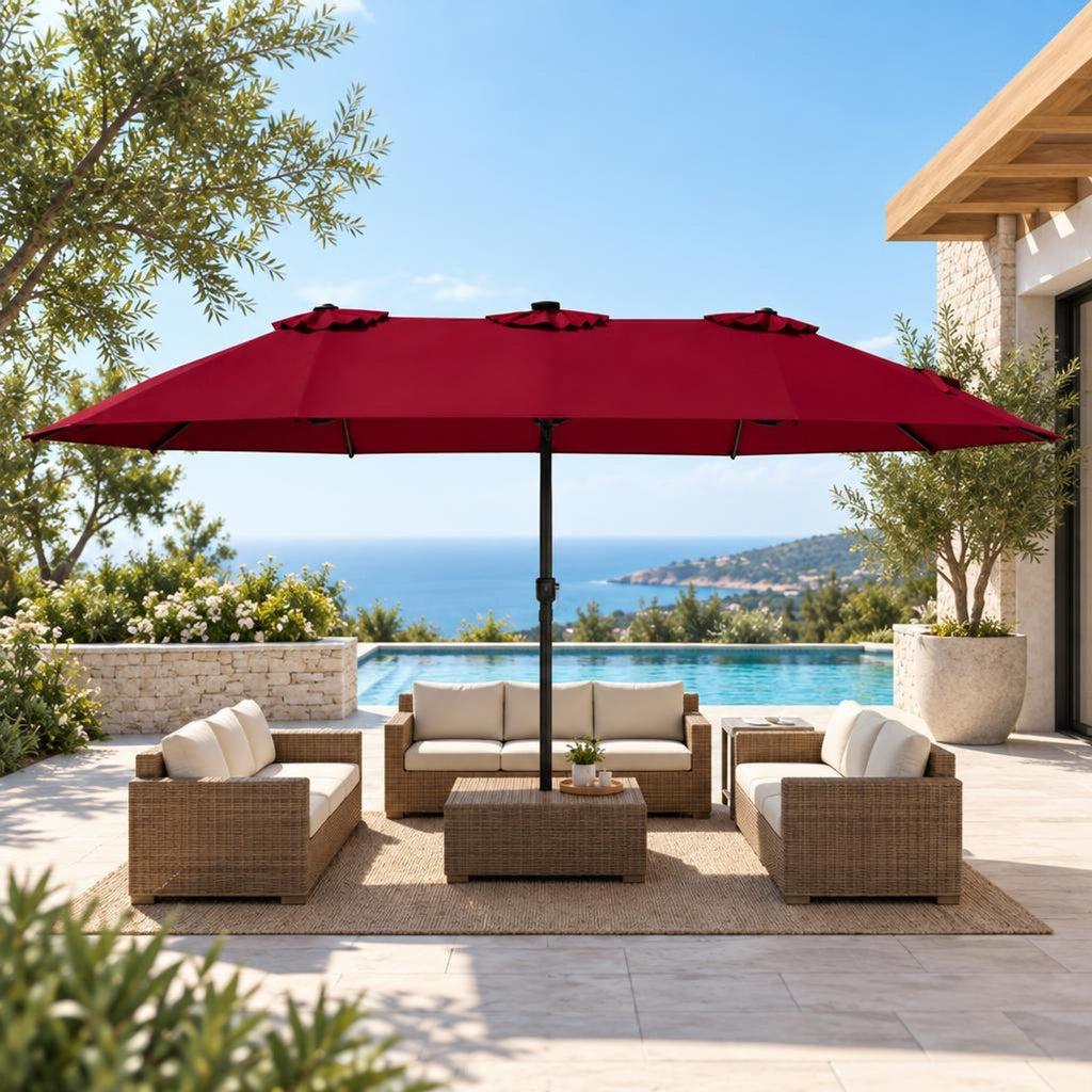 Airfind 15.5FT Extra-Large Patio Umbrella with Base 12 Reinforced Ribs, 180G Polyester Fabric Metal External Frame, Red