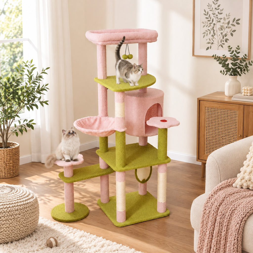 Airfind 58 Inch Tall Multi-Level Cat Tree Aesthetic Floral Kitten Tower, Teddy Plush Fabric Sisal Engineered Board Frame, Pink