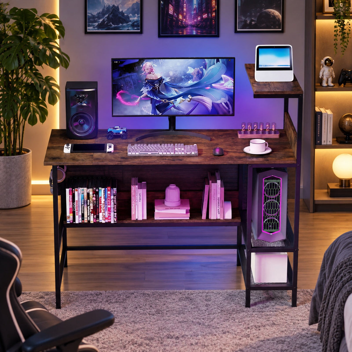 Airfind 48 Inch Computer Desk with Power Outlets and Storage Shelves, 88 lbs Capacity, Engineered Wood Metal Frame, 48 Inch x 23 Inch x 43.5 Inch Footprint