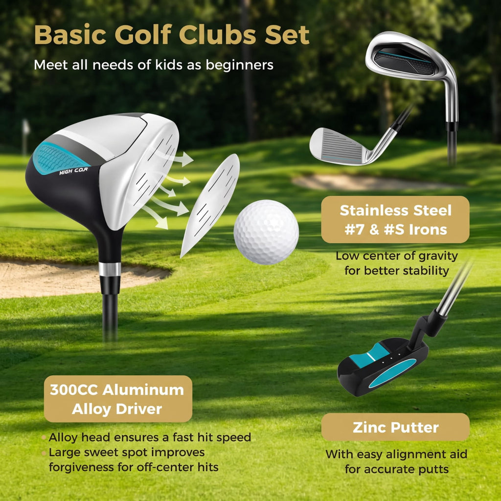 Airfind Junior Complete Golf Club Set for Kids Right Hand with Driver Irons Putter Stand Bag and Rain Hood Ages 8 to 10, Blue