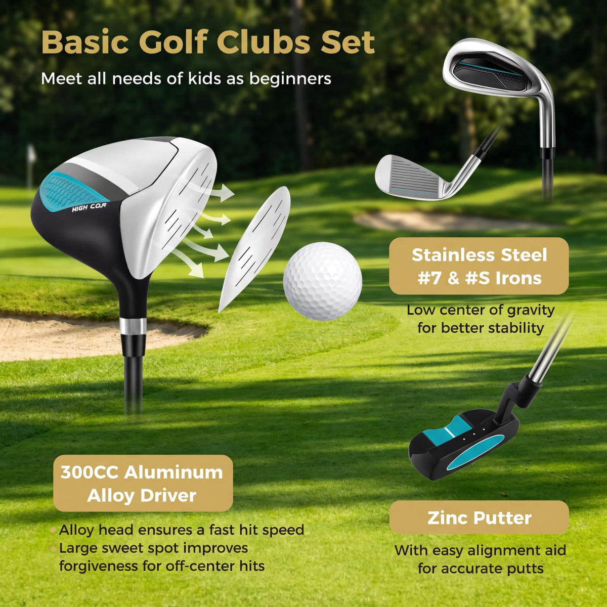 Airfind Junior Complete Golf Club Set for Kids Right Hand with Driver Irons Putter Stand Bag and Rain Hood Ages 8 to 10, Blue