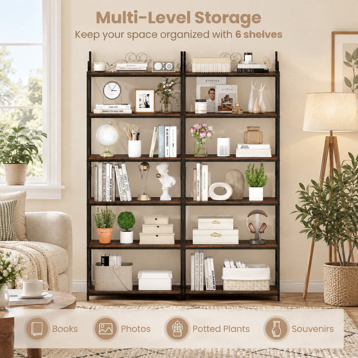Airfind 6-Tier Bookshelf Industrial Bookcase with 2 Anti-Tipping Kits and Metal Frame, 44 lbs Capacity, Metal Engineered Wood Frame, Brown