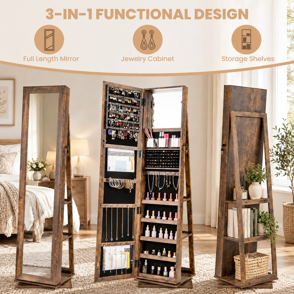 Airfind 360° Swivel Jewelry Armoire Standing Jewelry Organizer with Full Length Mirror and Back Shelves, MDF Glass Frame, Brown
