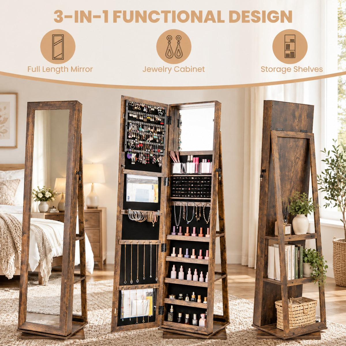 Airfind 360° Swivel Jewelry Armoire Standing Jewelry Organizer with Full Length Mirror and Back Shelves, MDF Glass Frame, Brown