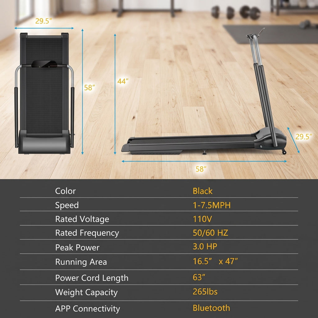 Airfind Compact Folding Treadmill with 3.0HP Motor, Touch Screen APP Control, 5-Layer Running Belt, Portable Home Office Electric Walking Running Machine, 265, Black