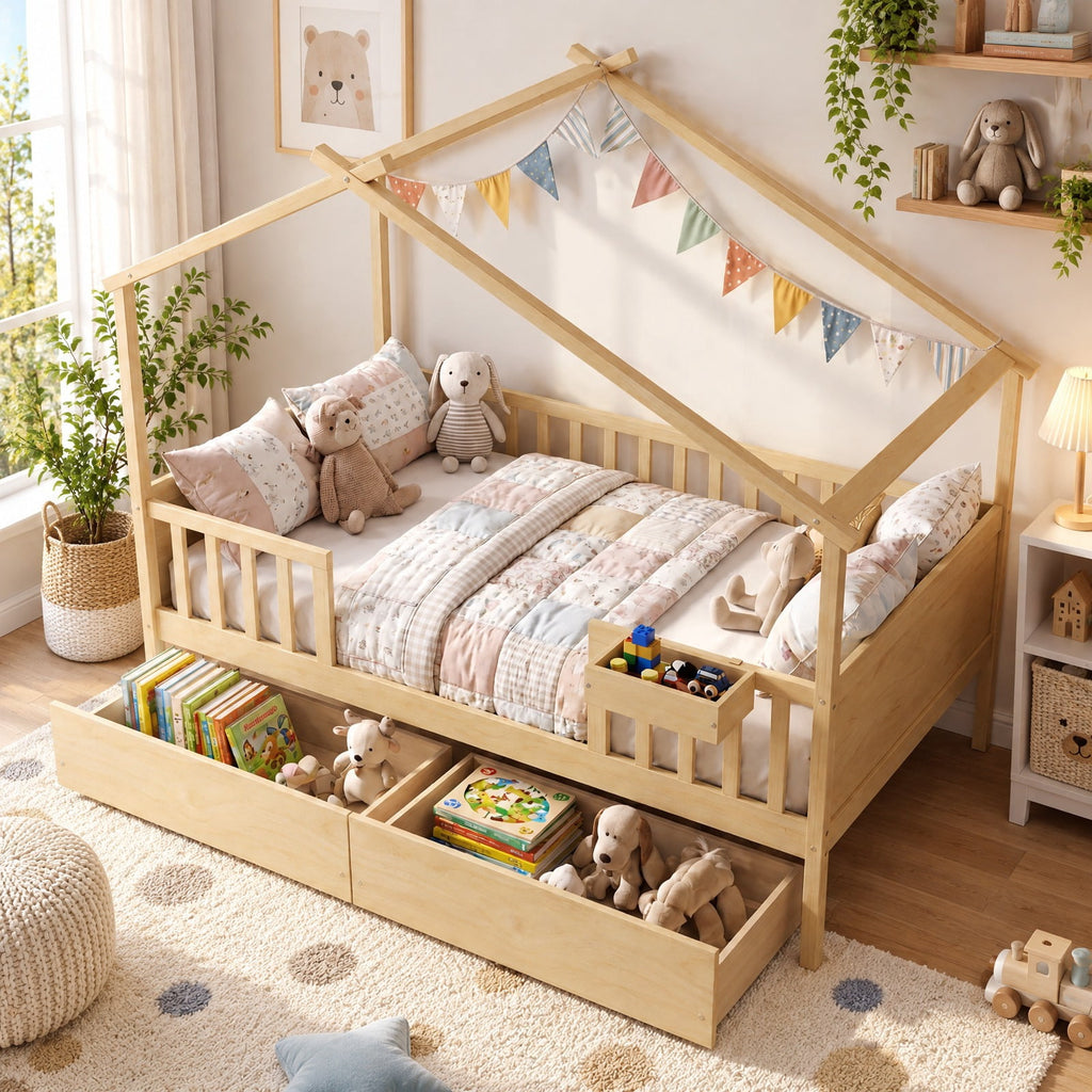 Airfind Full Size House Bed with Roof and Fence Rails for Kid, 550 lbs Capacity, Pine Wood Plywood MDF Engineered Wood Frame, Natural