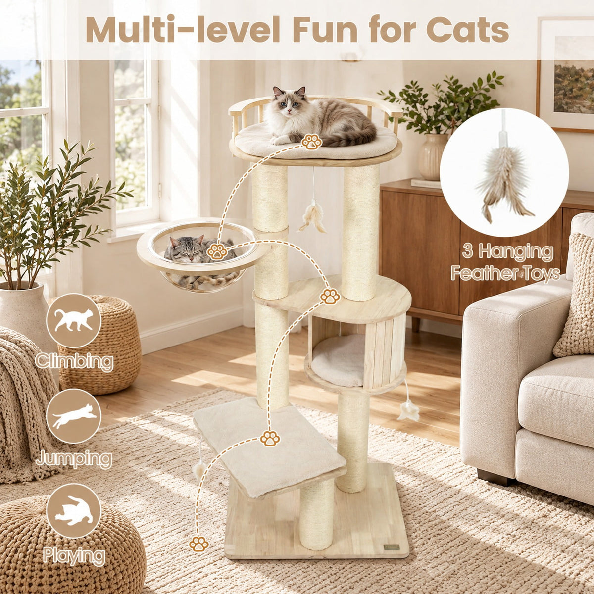 Airfind Cat Tree for Indoor Kittens with Top Perch Condo Space and 3 Hanging Feather Toys, 4 Inch Sisal Scratching Posts for Cats to Claw, Beige
