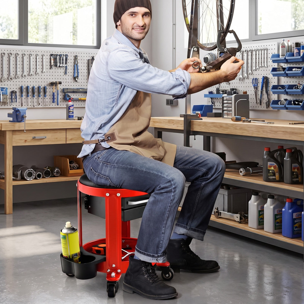 Airfind Rolling Mechanic Stool with Removable Padded Seat and Drawers, 330 lbs Weight Capacity of Tool Tray: 155 lbs Capacity, 16 x 17 Footprint
