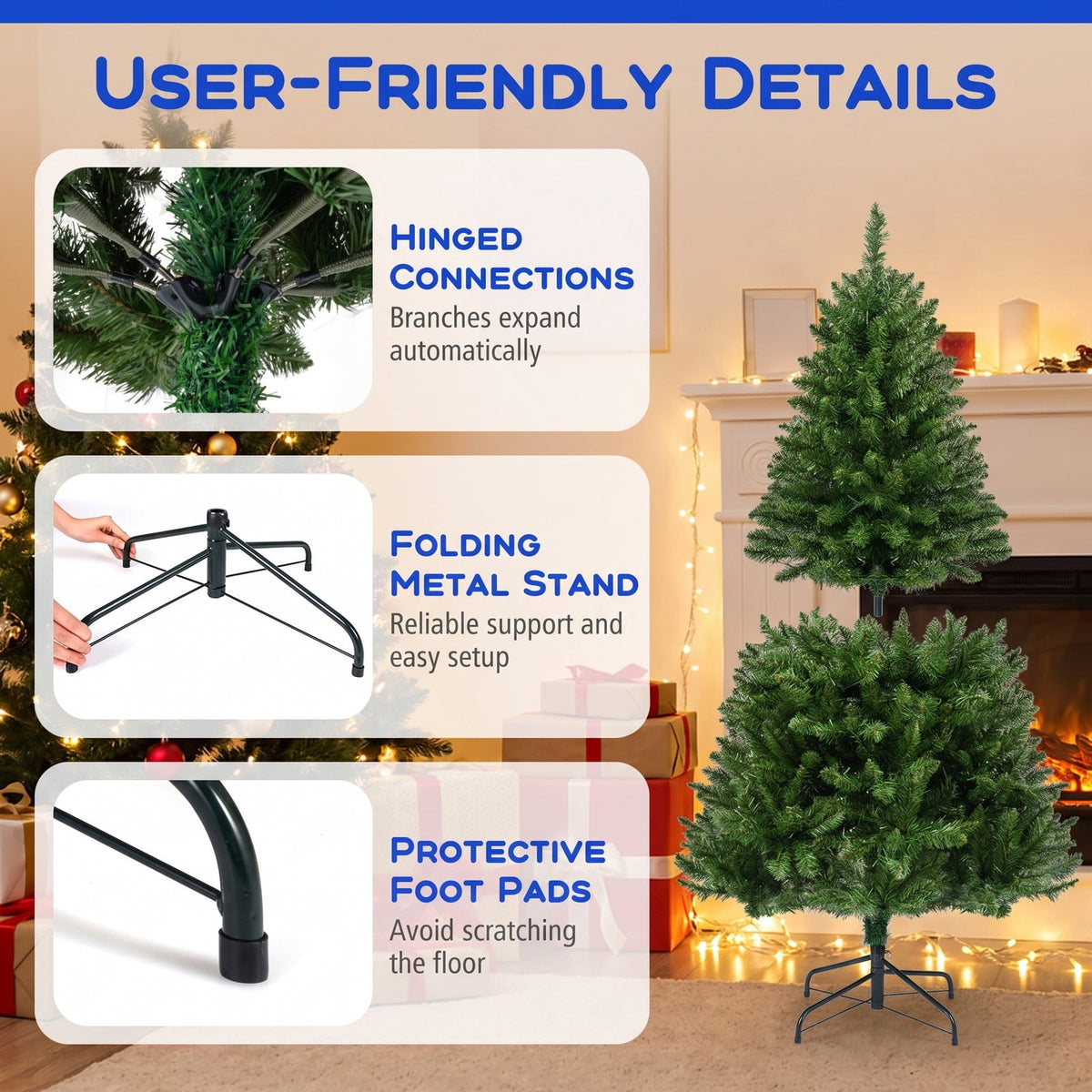 Airfind 5/6/7 Feet Artificial Christmas Tree Hinged Xmas Tree with 7 Lighting Modes-5 Feet, Green, Diameter of Stand 18in/18in/22in
