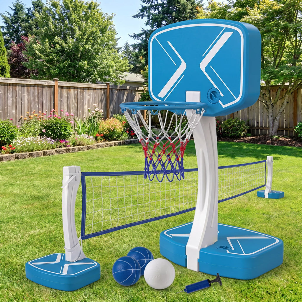 Airfind 2 in 1 Pool Basketball Hoop and Volleyball Net Set with Weighted Base for Swimming Pool Beach and Backyard Water Games, Blue