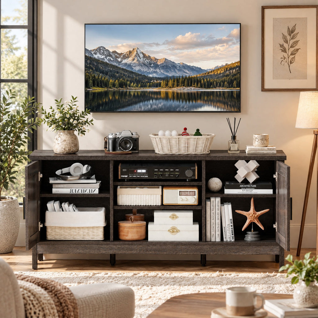 Airfind Farmhouse TV Stand for TVs up to 65 Inch Entertainment Center with 2 Storage Cabinets, 120 lbs Capacity, Engineered Wood Rubber Wood Frame
