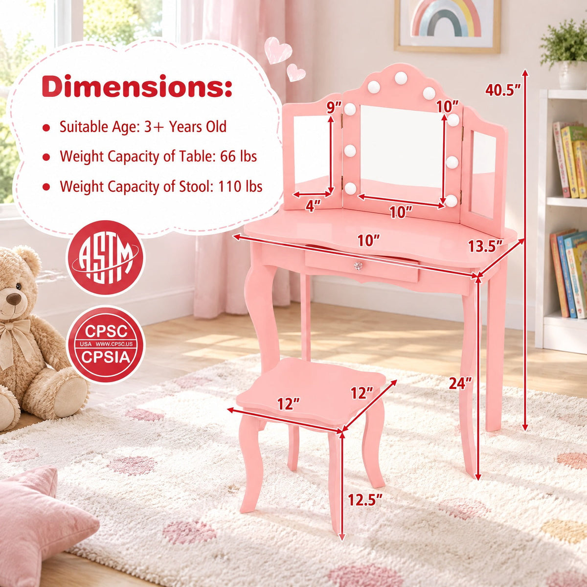 Airfind Kid Vanity Table Stool Set with Tri-Folding Mirror and 3-Color LED Lights, 66 lbs Capacity, P2 MDF Glass Frame, for 3+ Years Old, Pink