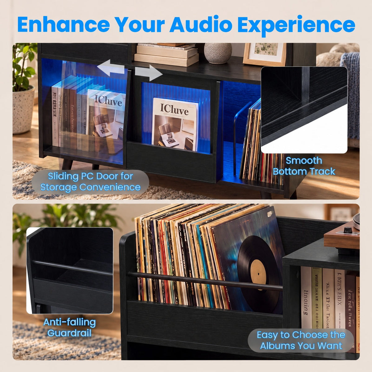 Airfind Record Player Stand with LED Light and Power Outlets, 66 lbs Capacity, PC board Plastic
