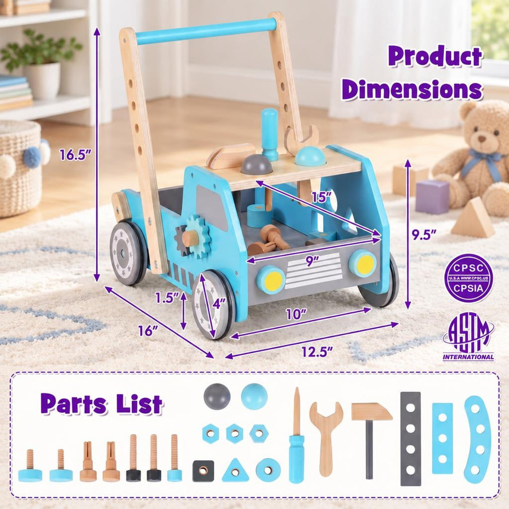 Airfind 2-in-1 Wooden Baby Walker with Adjustable Speed and Bottom Storage, MDF Frame, for 3+ Years Old, 16in x 12.5in x 16.5in Footprint, Blue