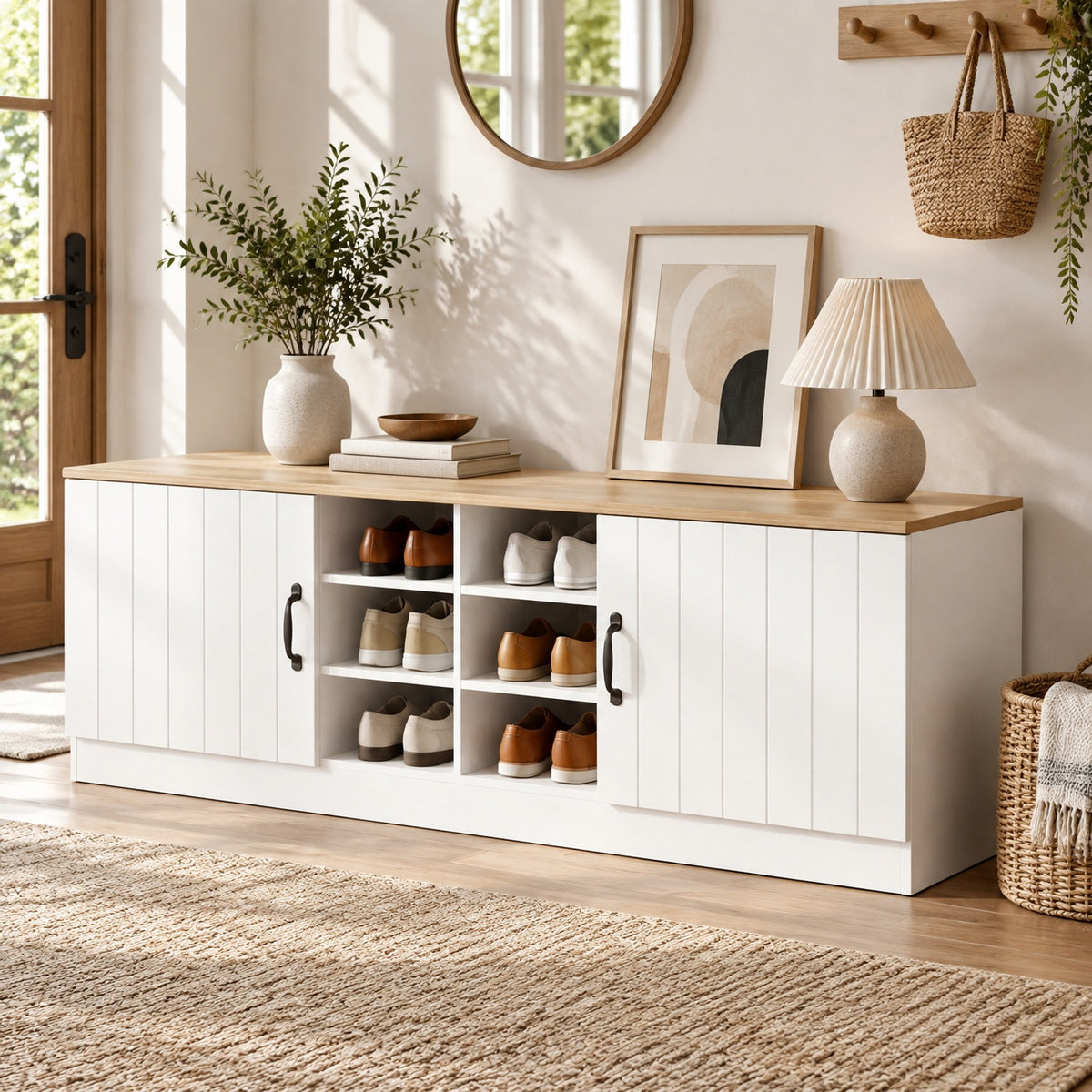 Airfind 2-Door Shoe Bench Storage Cabinet with Adjustable Shelves, 300 lbs Capacity, Engineered Wood MDF Frame, 59in x 16in x 19in Footprint, Natural