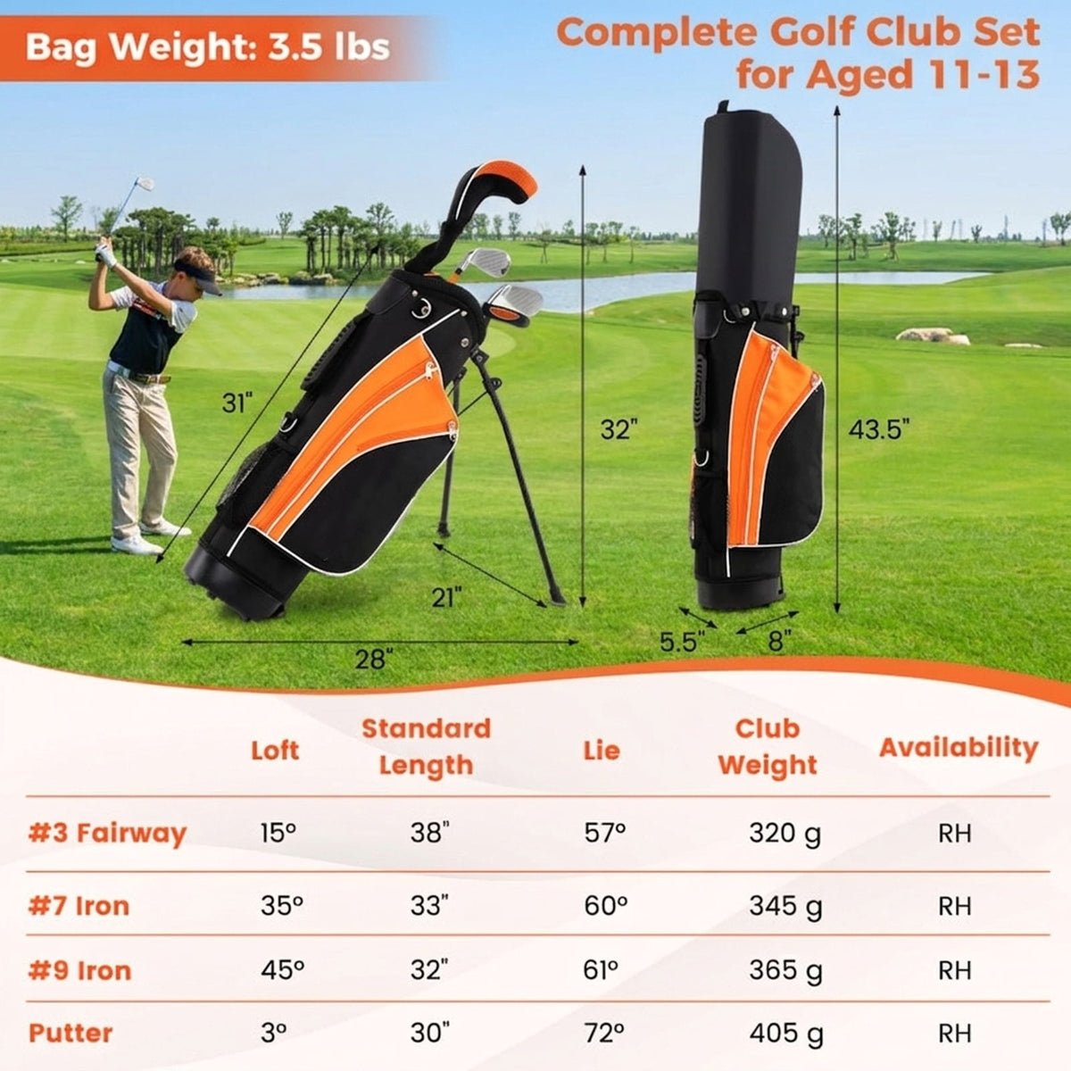 Airfind 5-Piece Junior Golf Club Set for Kids Age 11 to 13 with Stand Bag and Headcover, Orange