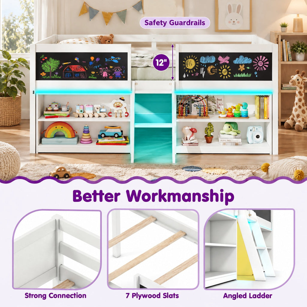 Airfind Low Loft Bed with LED Lights Youth Cabin Bed with Bookcases, 250 Lbs Capacity, Solid Wood Plywood MDF Engineered Wood, White