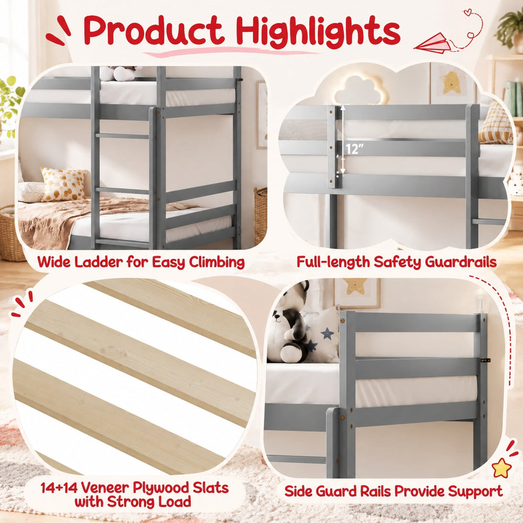 AIRFIND Twin Over Twin Bunk Bed with Pine Wood Frame, Plywood Slats, Inclined Ladder, Guardrails and Wall Brackets, Mattress Not Included, Gray