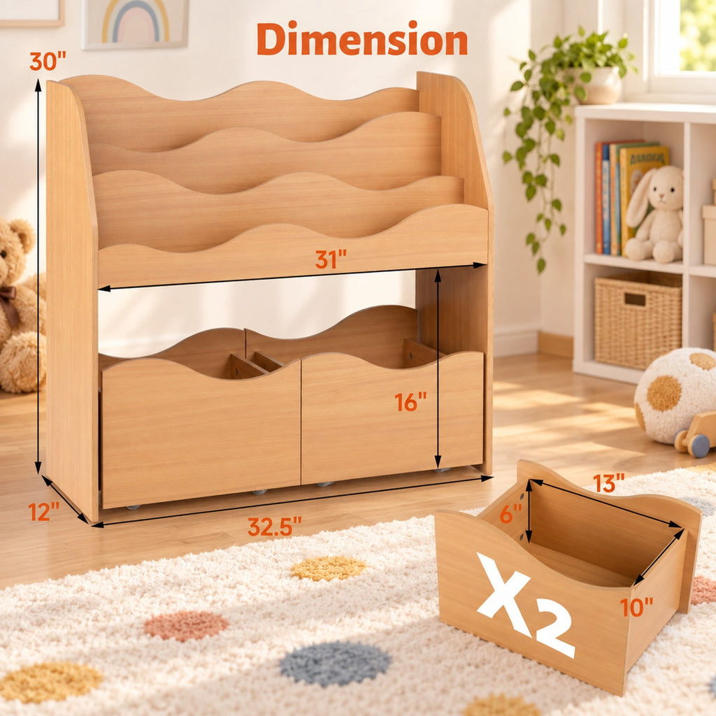 Airfind Kids Toy Wooden Storage Organizer with 2 Rolling Drawers for Kids Room, 11 lbs Capacity, Engineered Wood Frame, Natural