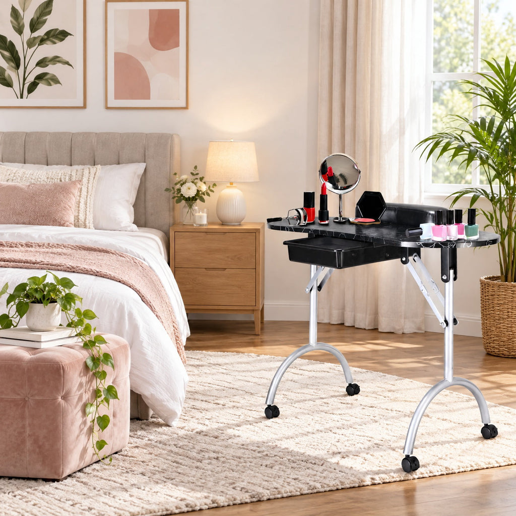 Airfind Foldable Portable Manicure Table with Drawer Casters and Cushion, MDF Metal Frame, 35.5 x 14.5 x 27 Footprint, Black