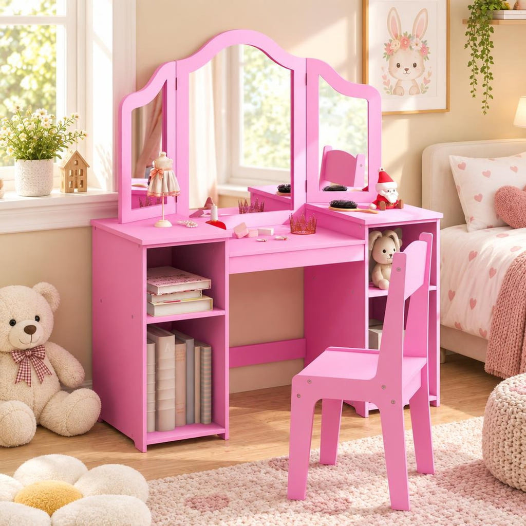 Airfind Kids Vanity Table and Chair Set with Removable Tri-Folding Mirror, 220 lbs Capacity, MDF Acrylic Frame, for 3+ Years Old, Pink