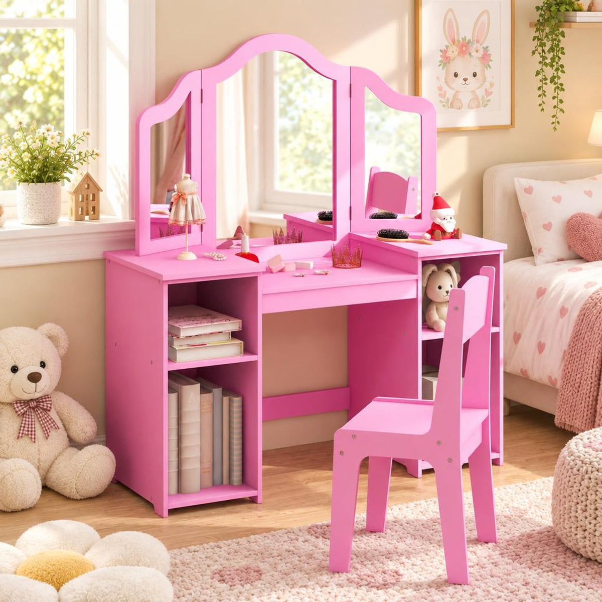 Airfind Kids Vanity Table and Chair Set with Removable Tri-Folding Mirror, 220 lbs Capacity, MDF Acrylic Frame, for 3+ Years Old, Pink
