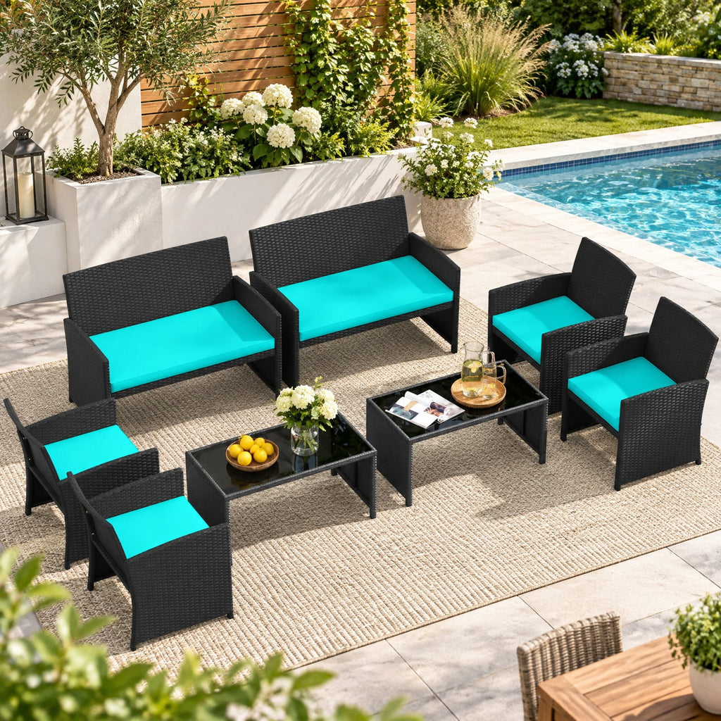 Airfind 4 Pieces Patio Furniture Set with Tempered Glass Tabletop and Removable Cushion, 400 lbs Capacity, Rattan Steel Sponge Frame, Turquoise