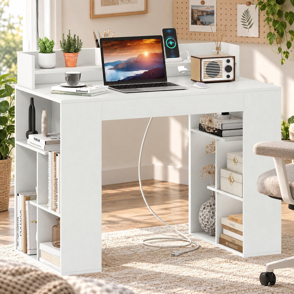 Airfind 43 Inch Computer Desk with Power Outlets and 2 Bookcases, 200 lbs Capacity, Engineered Wood Frame, 43 Inch x 22 Inch x 37 Inch Footprint, White