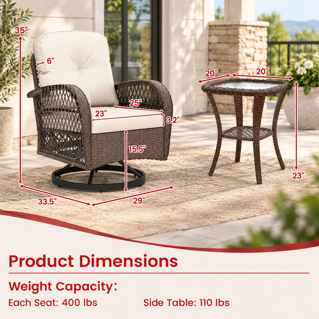 AIRFIND Patio Swivel Rocker Set of 3 with Cushioned Chairs, Tempered Glass Side Table and Metal Frame, 400 lb Chair Capacity, White