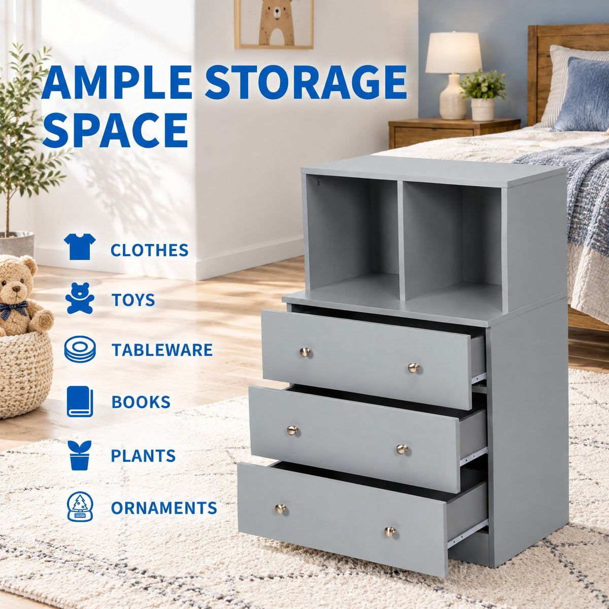 Airfind 3 Drawer Dresser with Cubbies Storage Chest for Bedroom Living Room, Engineered wood metal Frame, 24in x 16in x 37in Footprint, Gray