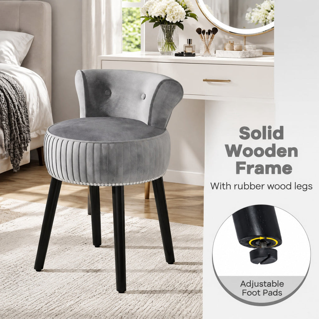 Airfind Velvet Vanity Chair with Back Upholstered Vanity Stool with Tufted Low Back and Solid Wood Legs, 234 lbs Capacity, Rubber Wood Frame, Gray