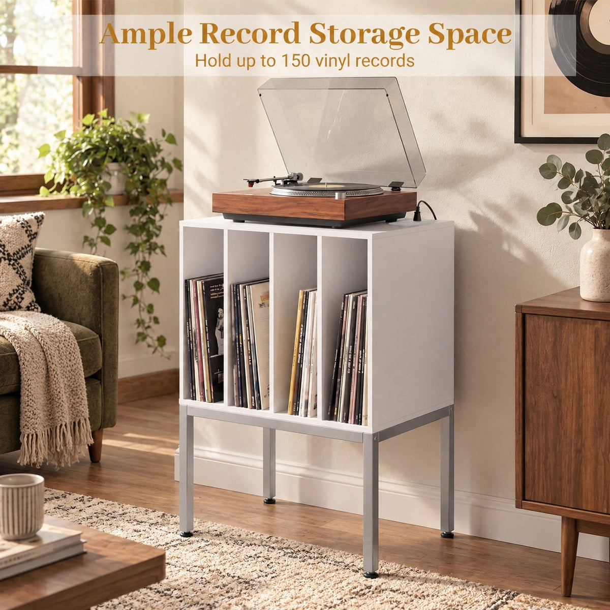 Airfind Turntable Record Player Stand with Power Outlets, 88 lbs Capacity, Engineered Wood Metal MDF Frame, 20 x 16 x 32 Footprint, White