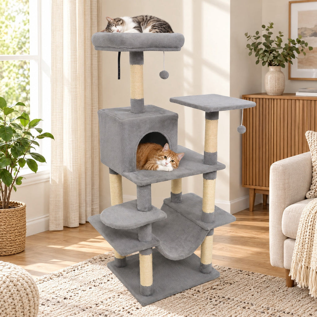 Airfind 58 Multi-Level Cat Tree Soft Plush Cat Tower with Padded Top Perch, PP Cotton Fabric Sisal Engineered Wood Overall Height 58 Base Frame