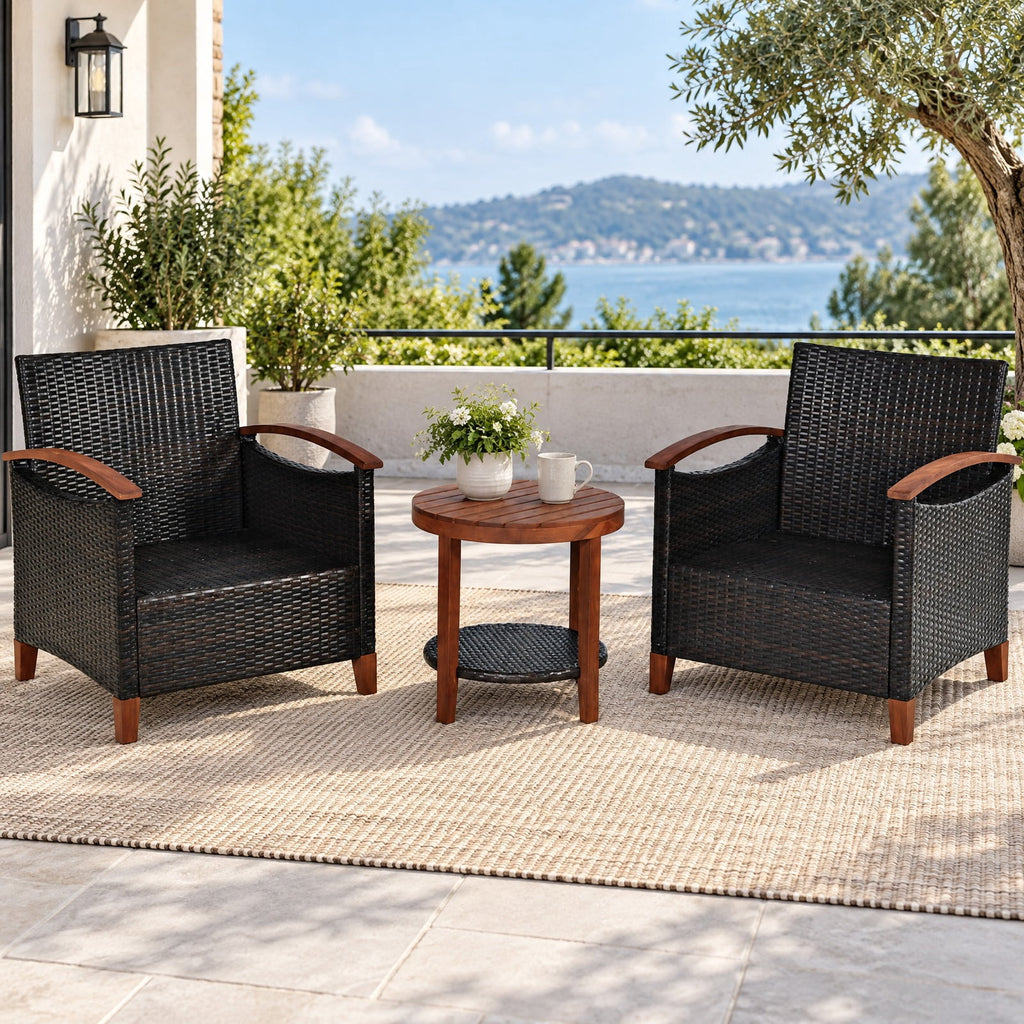 Airfind 3 Pieces Patio Rattan Furniture Set with Washable Cushion and Acacia Wood Tabletop, 360 lbs Capacity, 26 x 27.5 x 31 Footprint, Turquoise