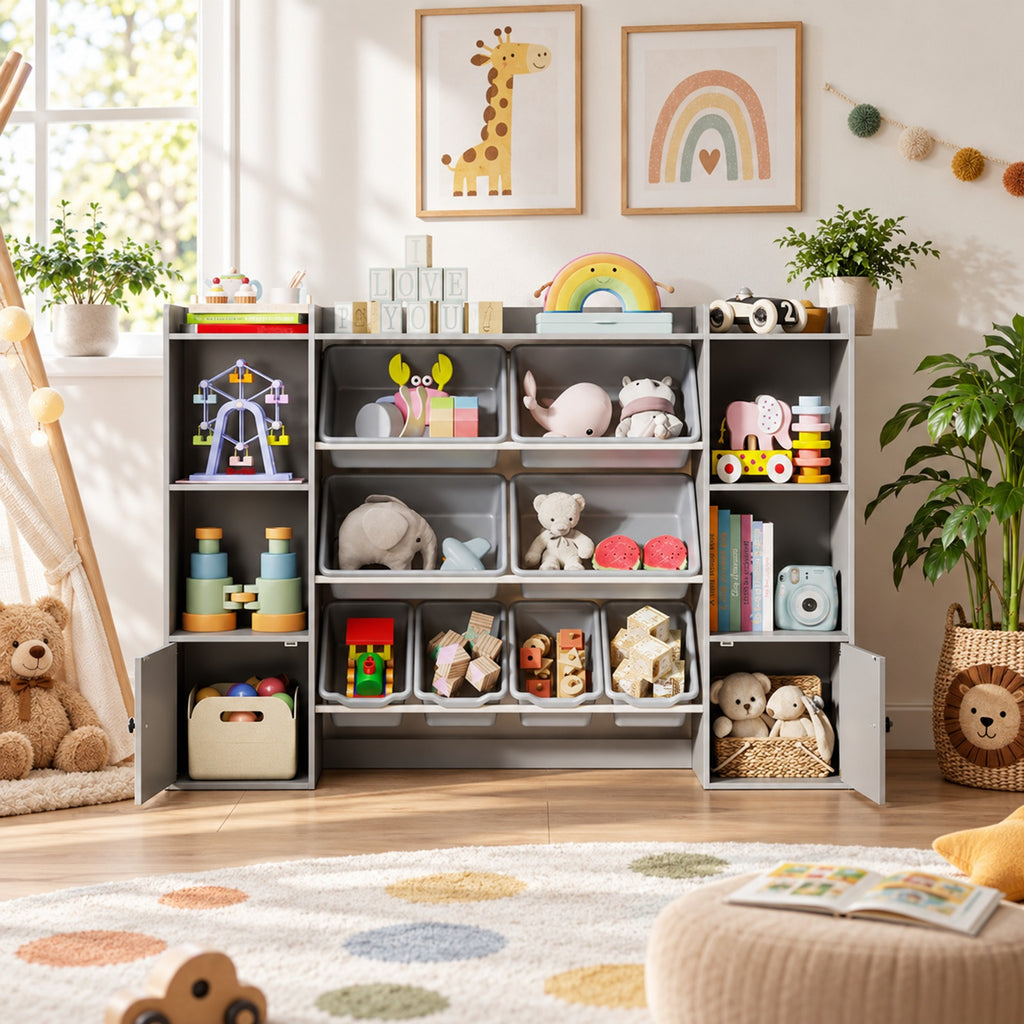 Airfind Kids Toy Storage and Bookshelf with Boxes and Open Shelves, 385 lbs Capacity, Engineered Wood Frame, for 3+ Years Old Total, Gray