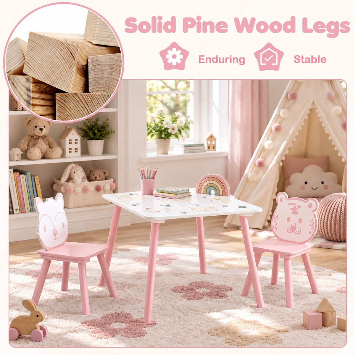 Airfind 3 Pieces Kids Table and Chairs Set with Animal Patterns for Kids, 44 lbs Capacity, Pine Wood Frame, for 3-6 Years Old