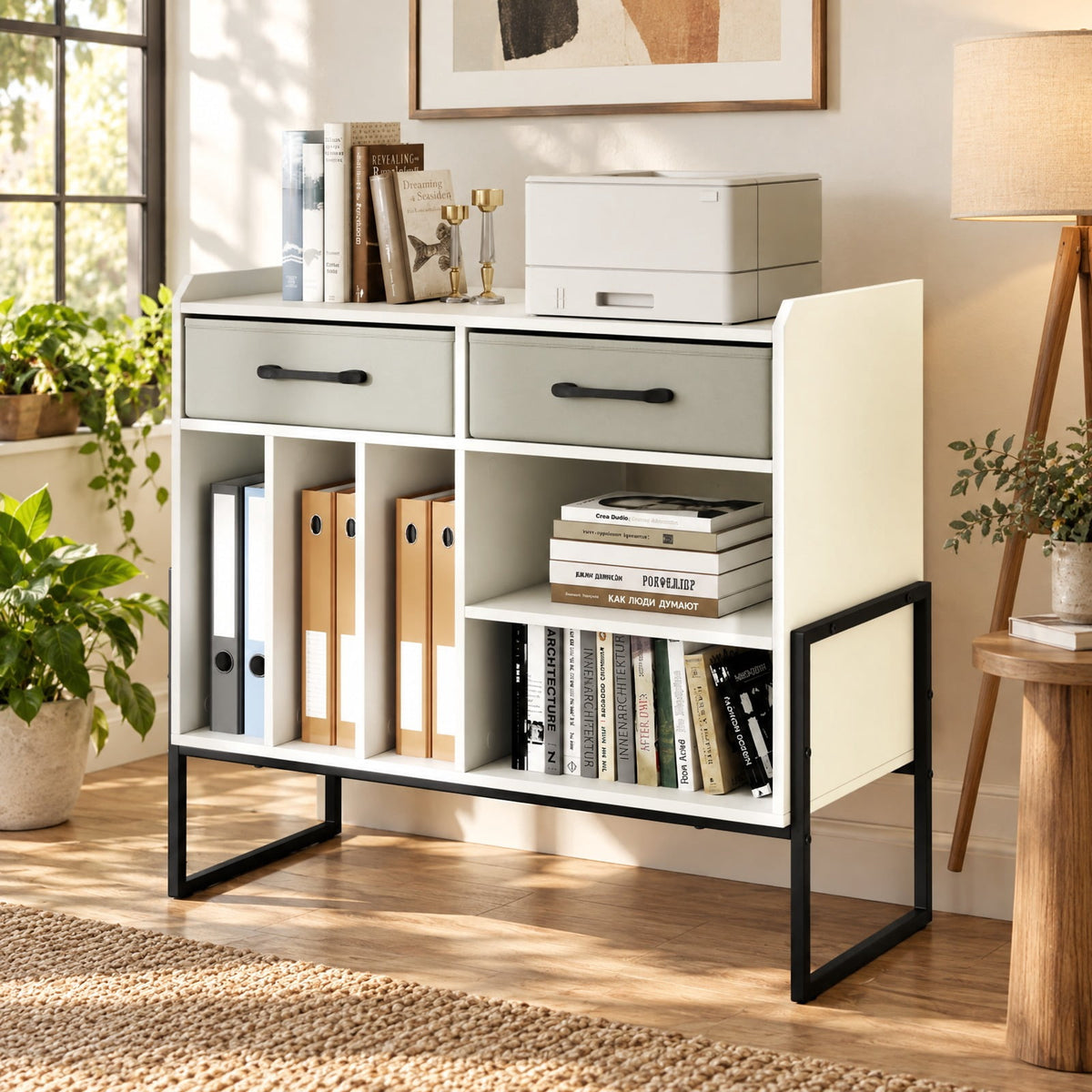Airfind Large Record Player Stand with Charging Station Mid Century Modern Vinyl Storage Cabinet, 209 lbs Capacity, 30in x 14in x 27in Inside Footprint