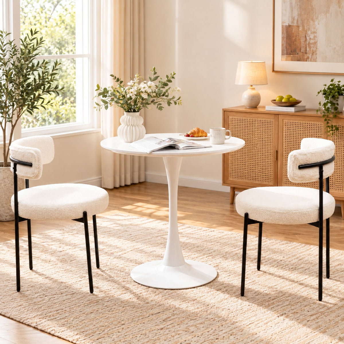 Airfind Boucle Dining Chair with Curved Backrest and Metal Legs Set of 2, Faux Sherpa Metal Sponge Frame, 20.5 x 20.5 x 31 Footprint, White