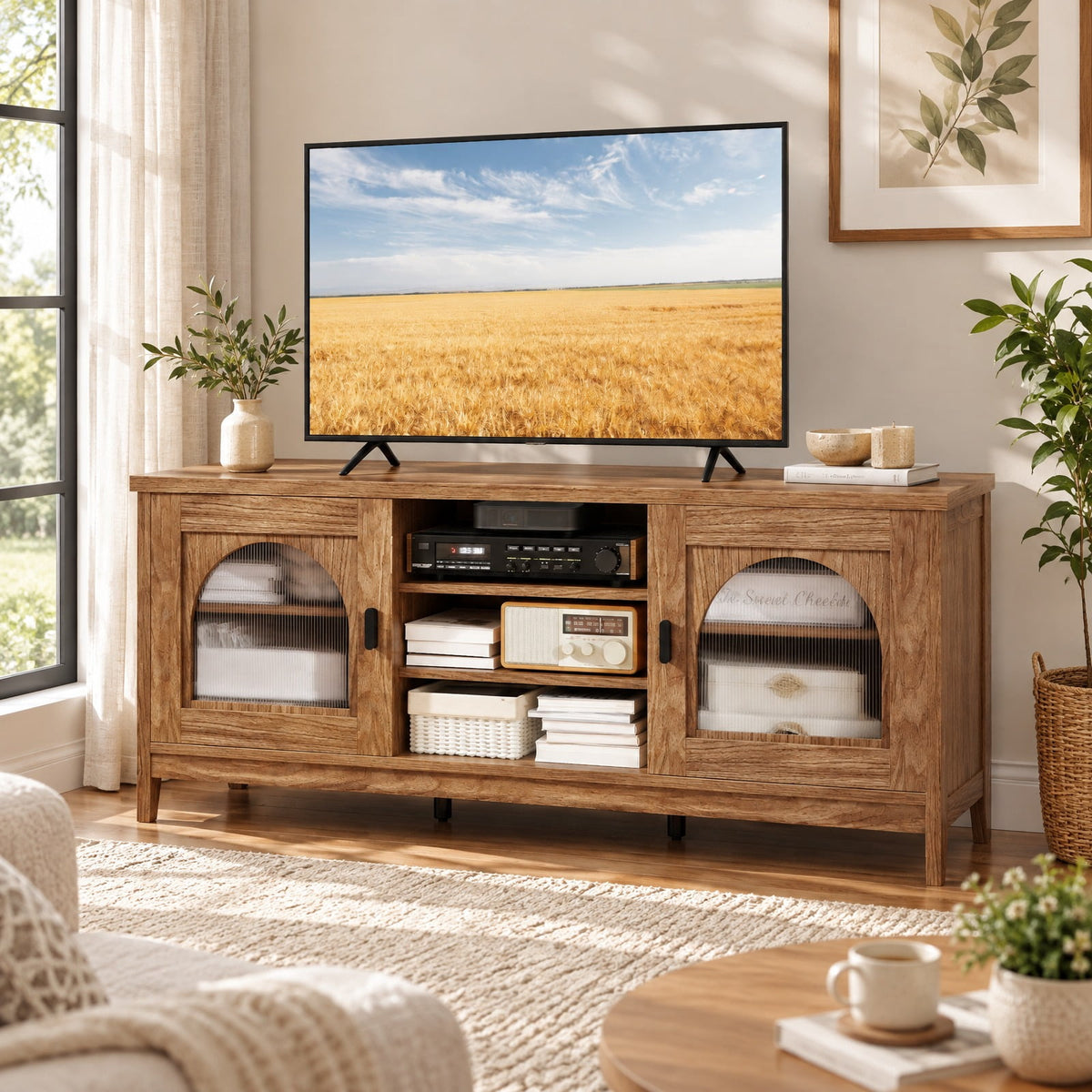 Airfind Modern Vintage TV Cabinet, with Adjustable Shelves and 2 Cable Holes for TVs up to 65 Inches, 176 lbs Capacity, Engineered Wood Frame, Walnut