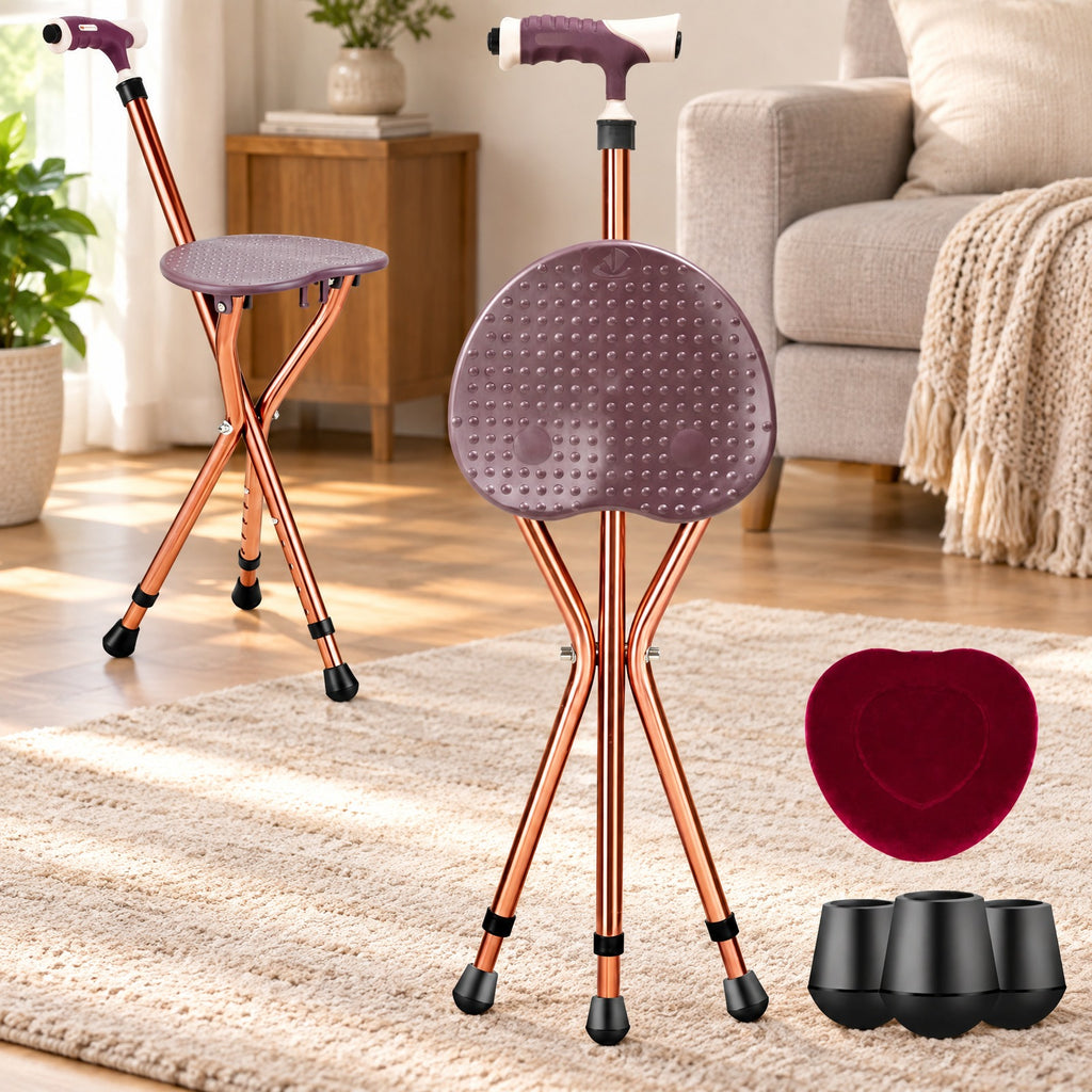 Airfind Lightweight Adjustable Folding Cane Seat with Light, 220 lbs Capacity, 10 x 8.5 Footprint, Brown