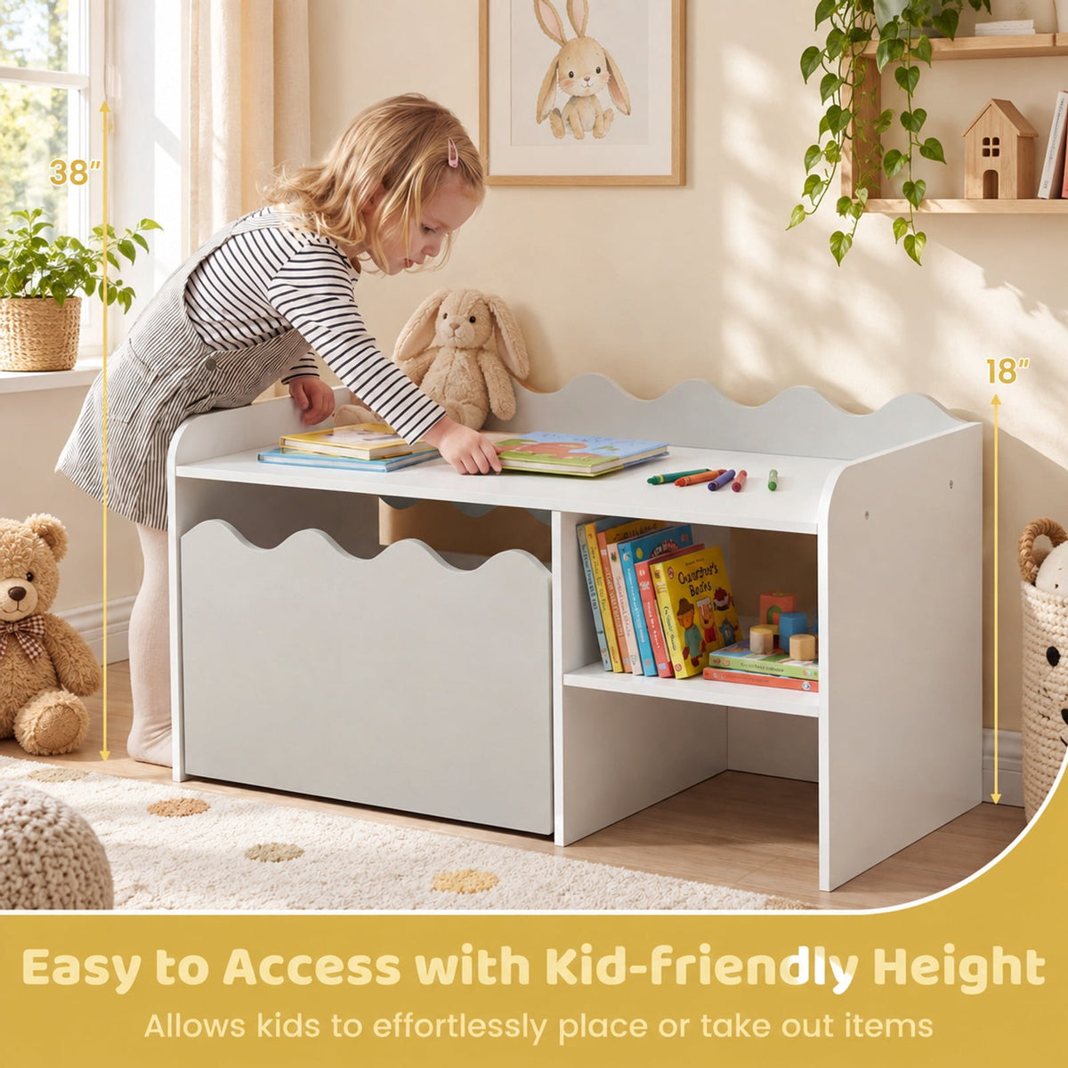 Airfind Scalloped Kids Bookshelf and Toy Storage Organizer for Playroom, 77 lbs Capacity, MDF Frame, for 3+ Years Old, 35 Inch x 16 Inch x 18 Inch Footprint