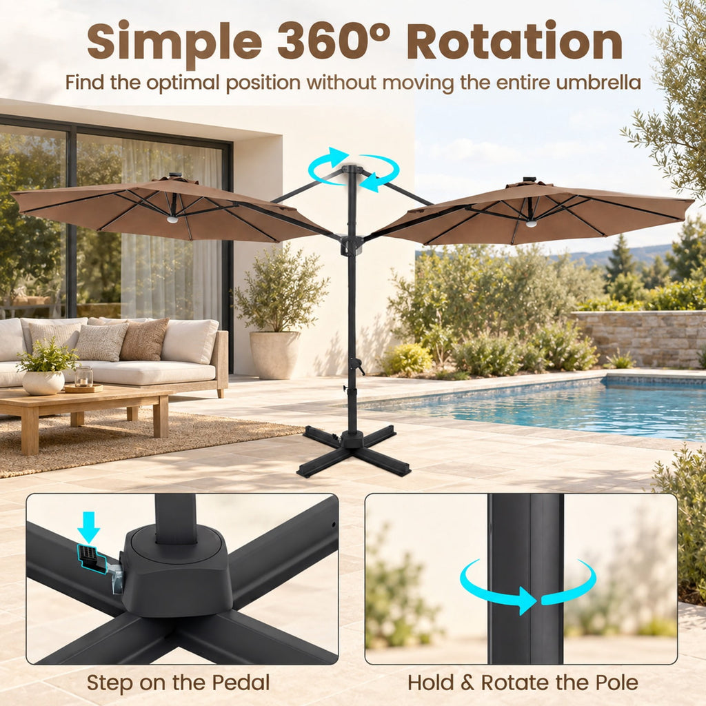 Airfind 10 FT Cantilever Patio Umbrella with Solar LED Lights 360° Rotation, Polyester Fabric Aluminum Metal PC ABS Frame, Brown