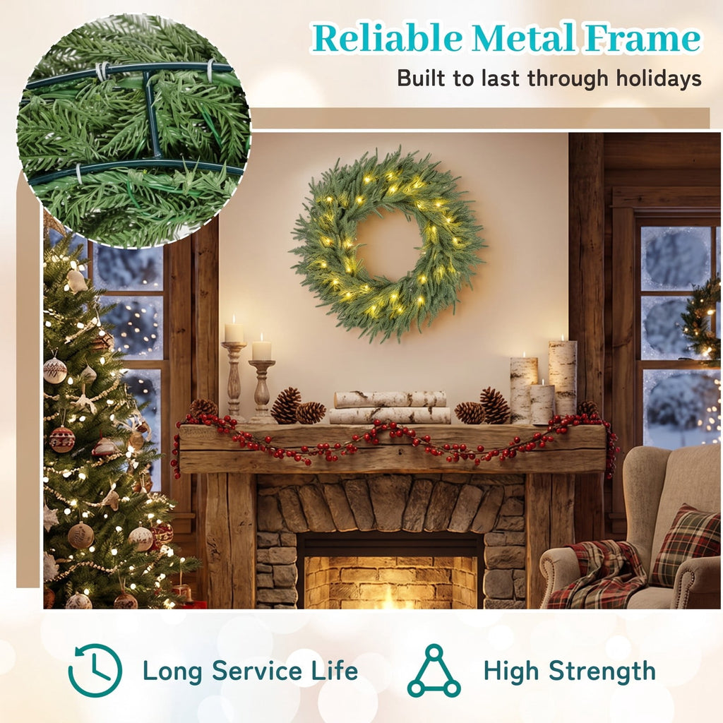 Airfind 24 Inch Pre-lit Christmas Wreath with 108 Branch Tips and 35 Warm White LED Lights for Wall Window-1 piece, TPE Metal Frame, White