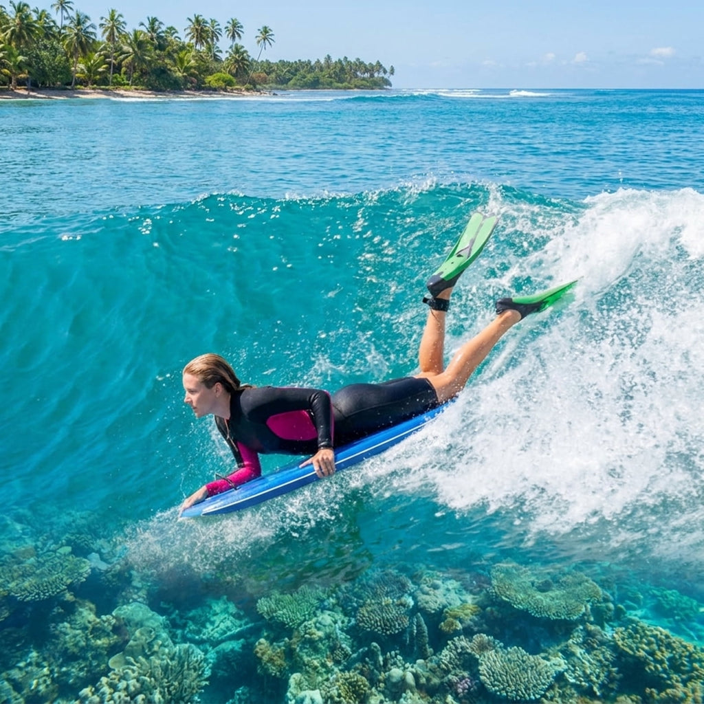 Airfind 41 Boogie Board with Tropical Reef Graphic Deck ¡ª EPS Core, XPE Top, HDPE Slick Bottom, Crescent Tail, Coiled Wrist Leash