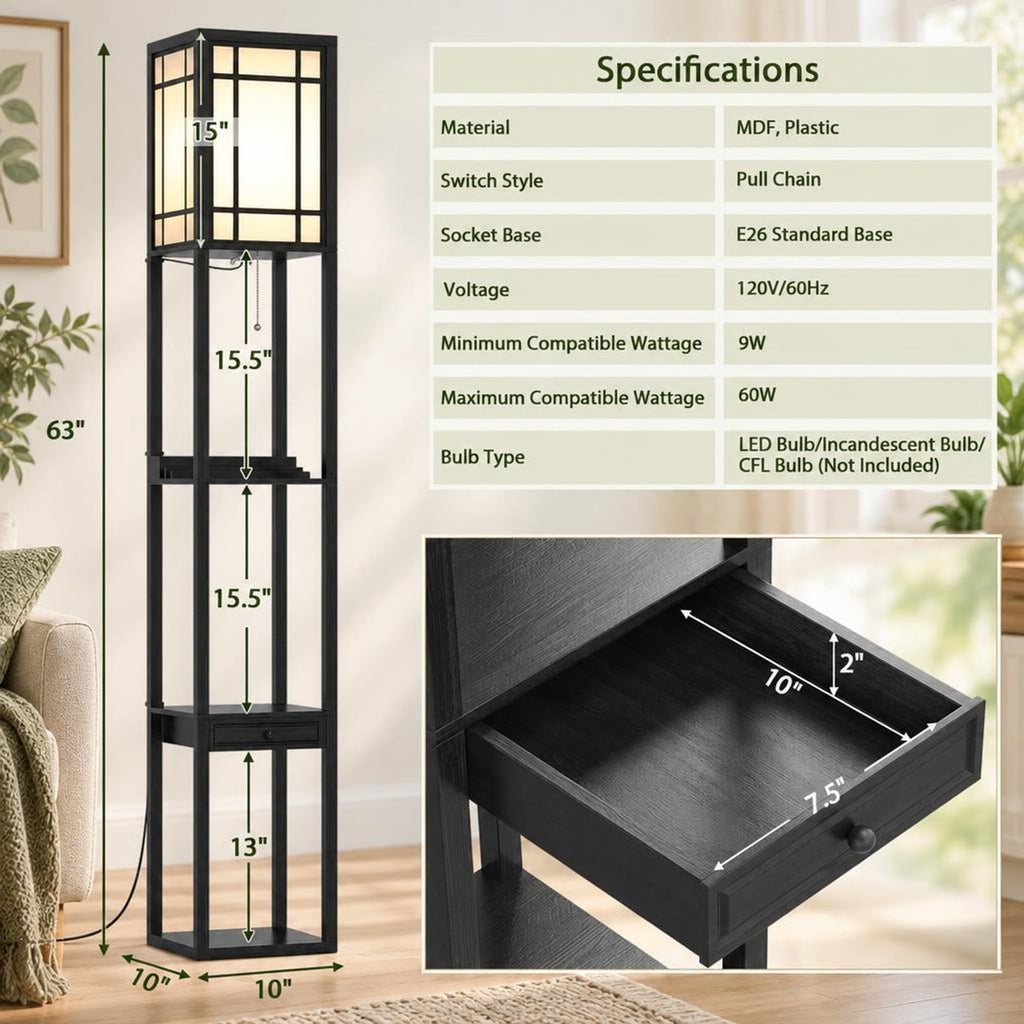 Airfind Modern Floor Lamp with Shelves and Drawer, MDF plastic Frame, 10 x 10 x 63 Footprint, Black