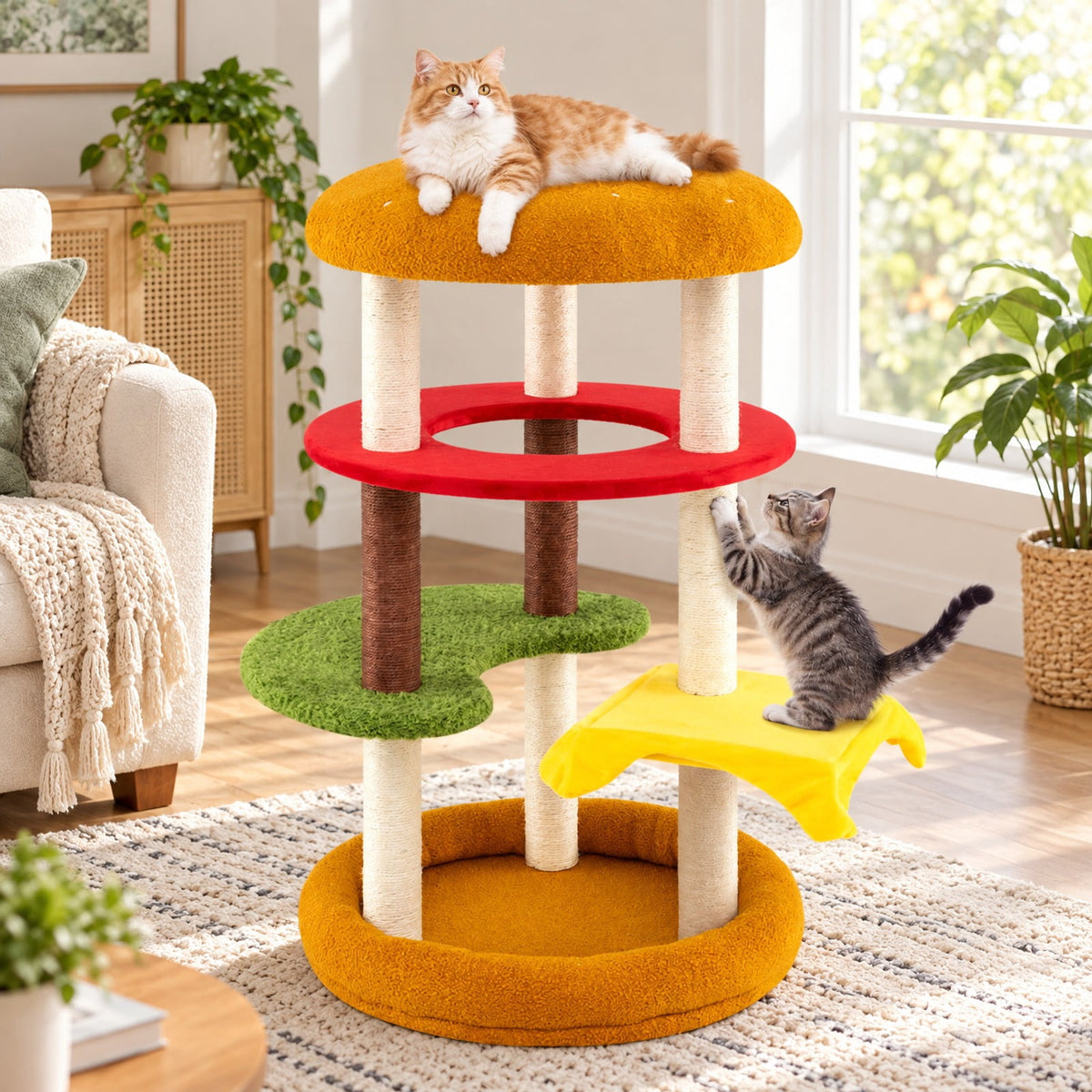 Airfind 42 Inch Tall Modern Cat Tree Multi-Level with Padded Perch and Cat Bed, 22 lbs Capacity, 24in x 42in (Dia. x H) Perch Footprint, Yellow