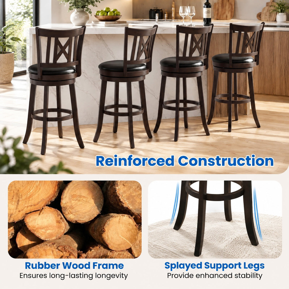 Airfind Set of 4 Bar Stools Swivel Bar Chairs with Hollowed Backrest and Footrest-30 inches, 275 lbs Capacity, 20 Inch x 18 Inch x 39.5 Inch Footprint