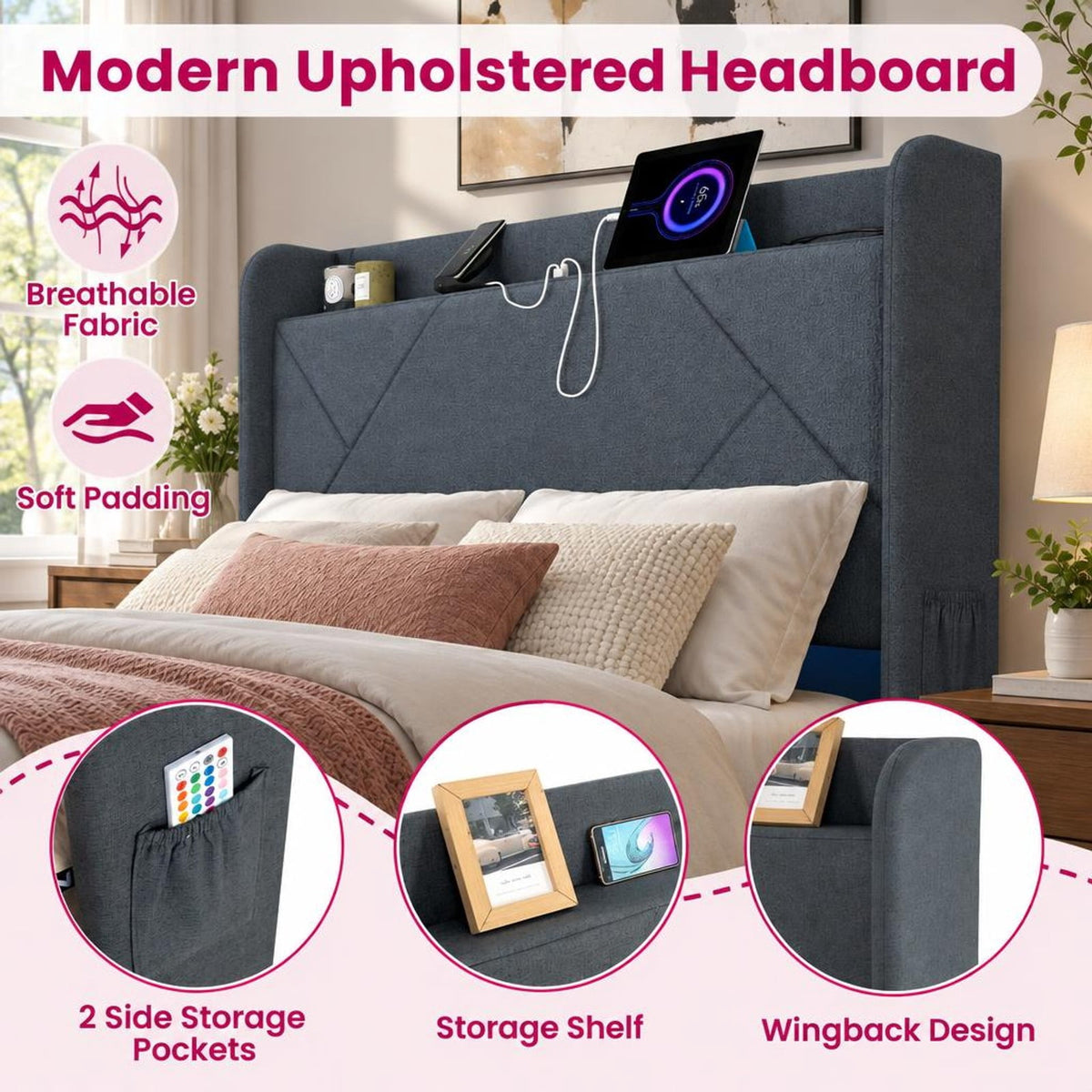 Airfind Full/Queen Size Bed Frame with LED Lights and Charging Station, 1100 lbs Capacity, 82.5 x 57 x 48 Bed Platform 75 x 54.5 Footprint
