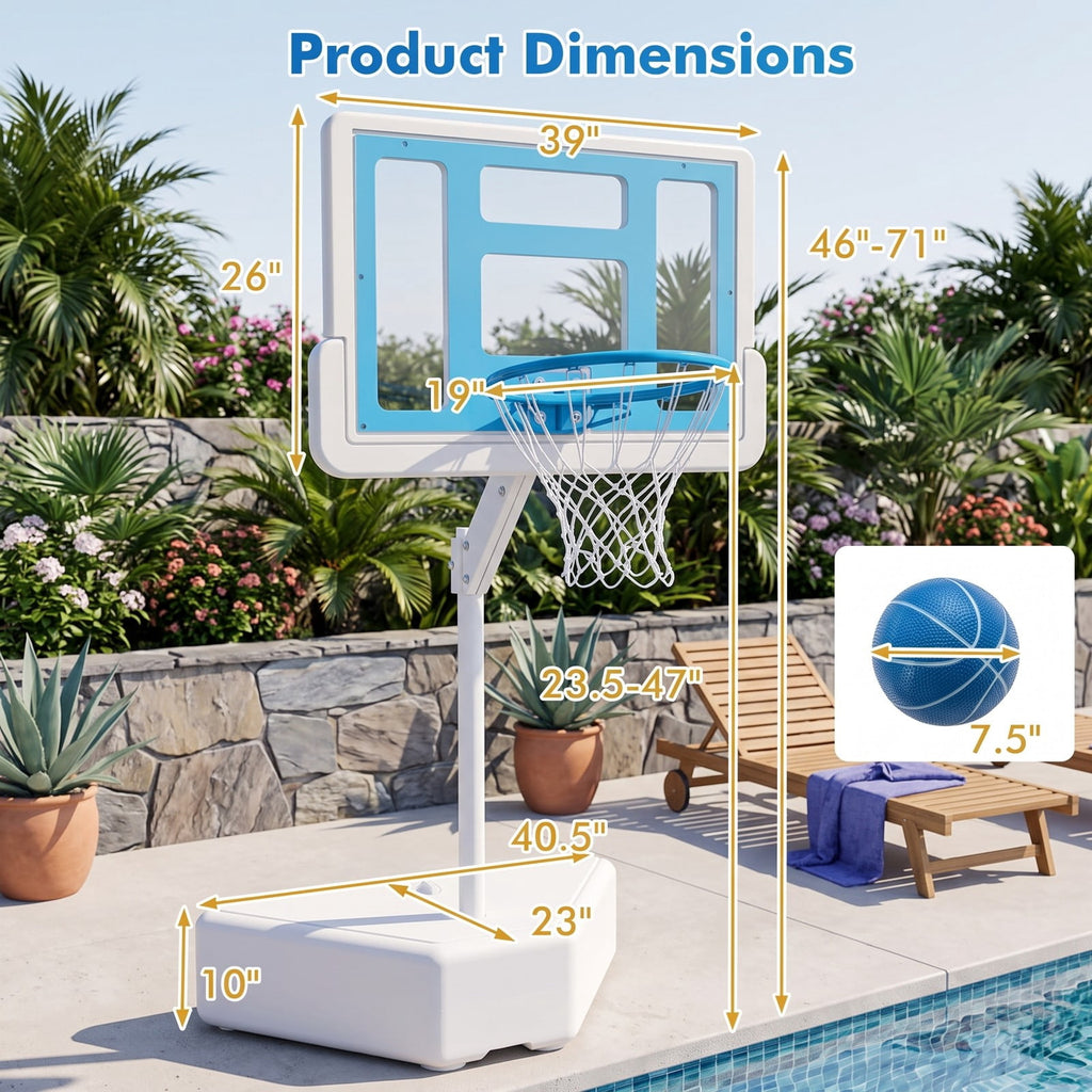 Airfind Poolside Basketball Hoop System, Adjustable Height Pool Basketball Set with 2 Water Balls and Pump, Metal PC Backboard for Swimming Pool Outdoor Family, Blue