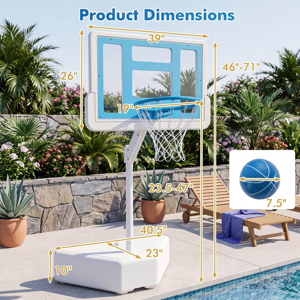 Airfind Poolside Basketball Hoop System, Adjustable Height Pool Basketball Set with 2 Water Balls and Pump, Metal PC Backboard for Swimming Pool Outdoor Family, Blue